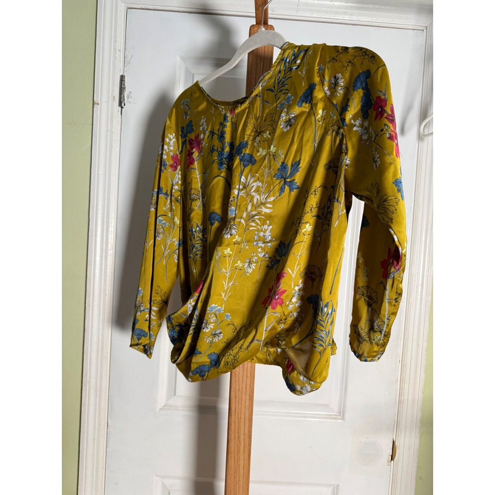 Mustard Yellow Floral Satin Draped Blouse Crossover Smocked Back Top